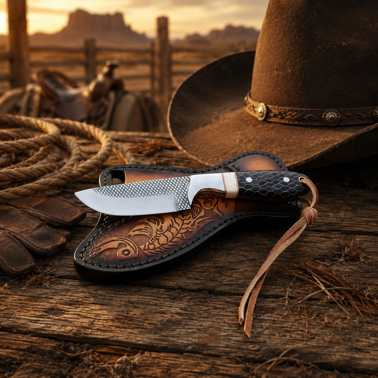 Handmade Western knife with rasp tool steel blade, honeycomb bone handle, steel bolster, and leather sheath