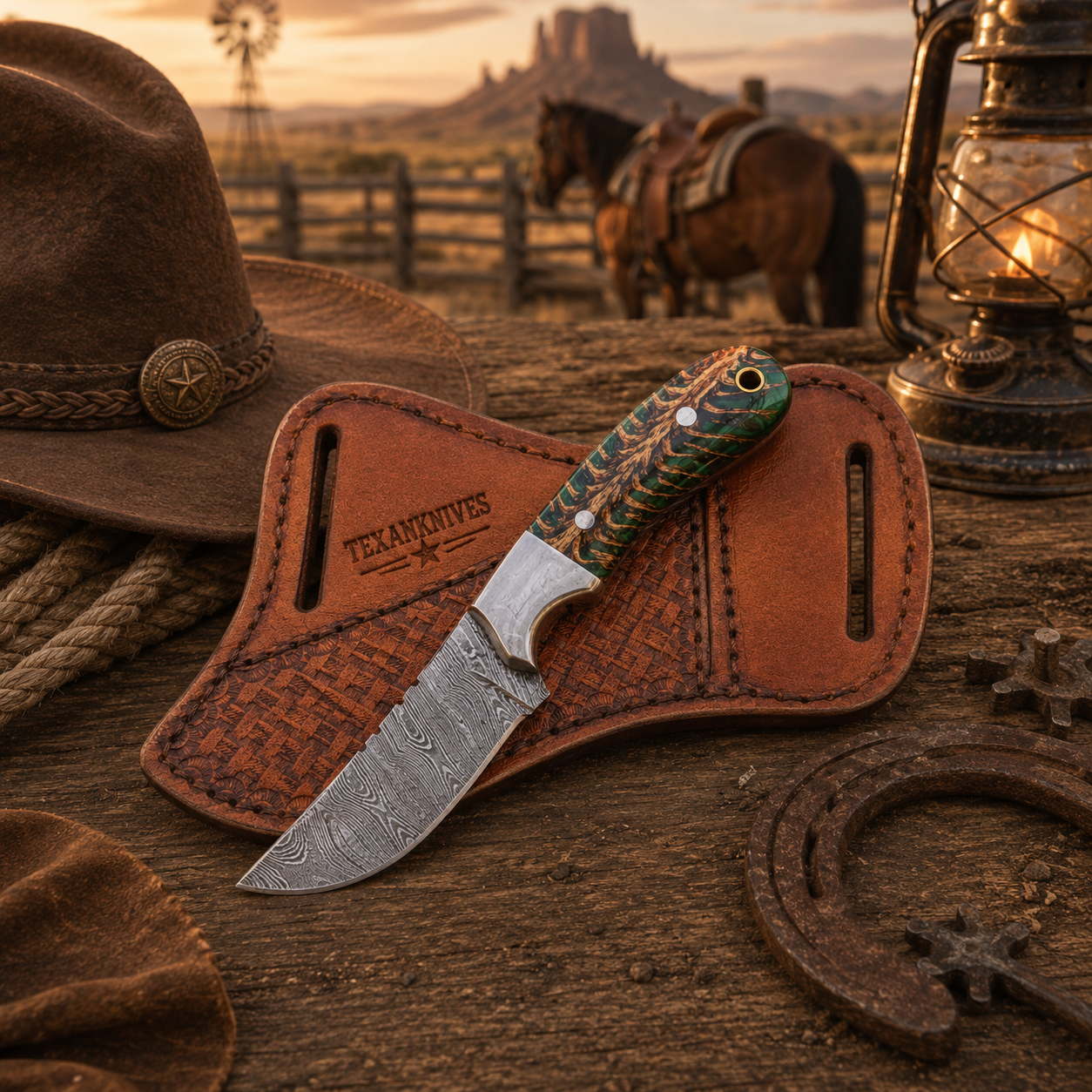 Outdoor Cowboy Knife with Damascus steel blade, green pine cone handle, steel bolster, and handmade leather sheath