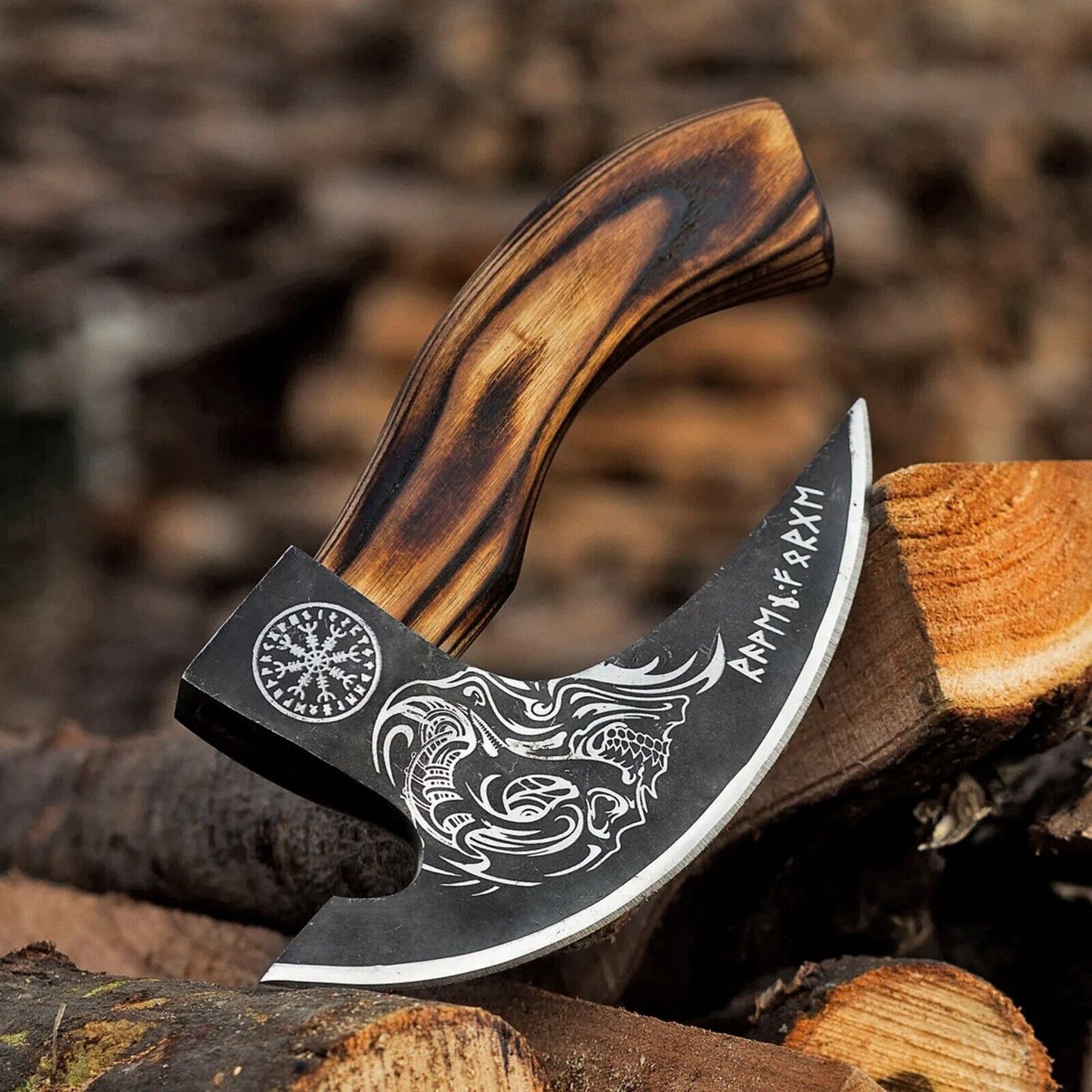 Pizza axe with hand-engraved blade and wooden handle, perfect for slicing pizza