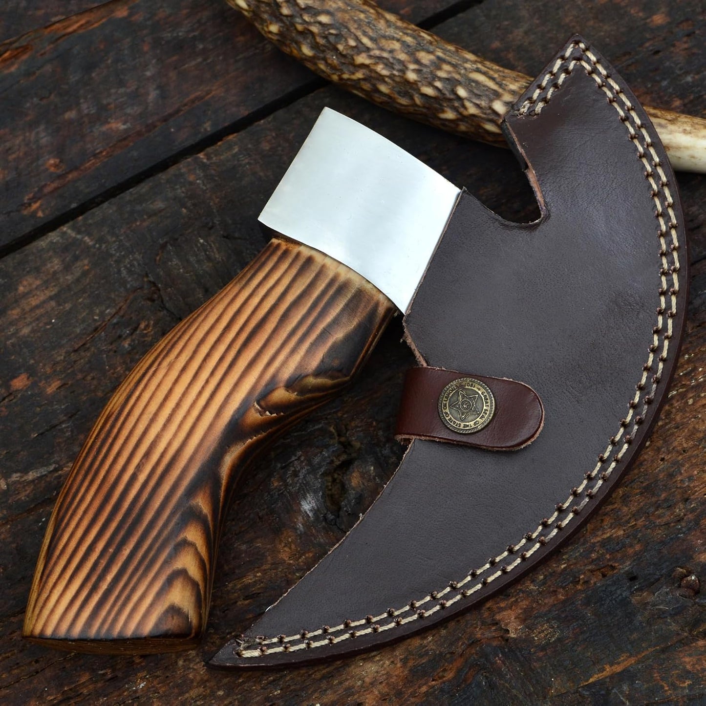 Pizza cutter with forged J2 steel blade and handcrafted wooden grip