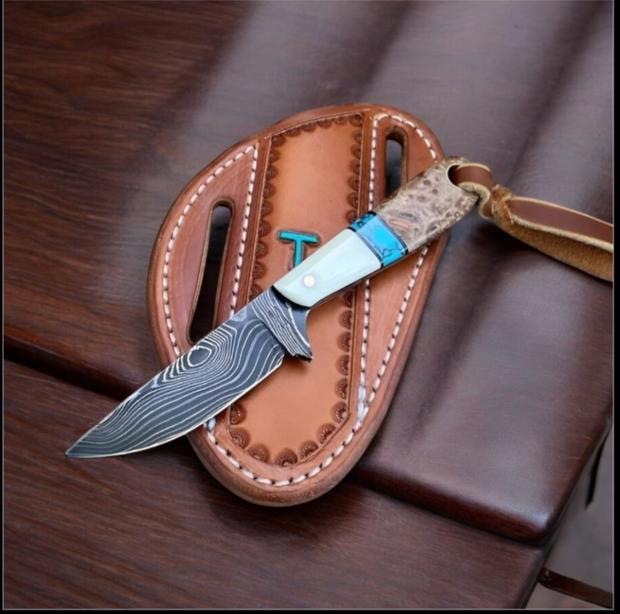 "Scott Reed Cowboy Switchblade with Damascus Steel Blade and Rosewood Resin Handle"