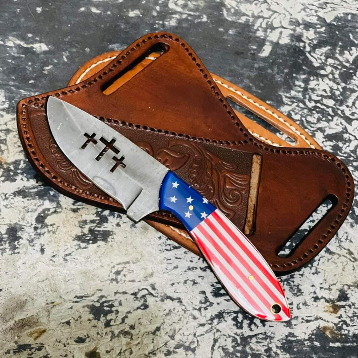 Unique flag and resin handle on custom cowboy switchblade knife