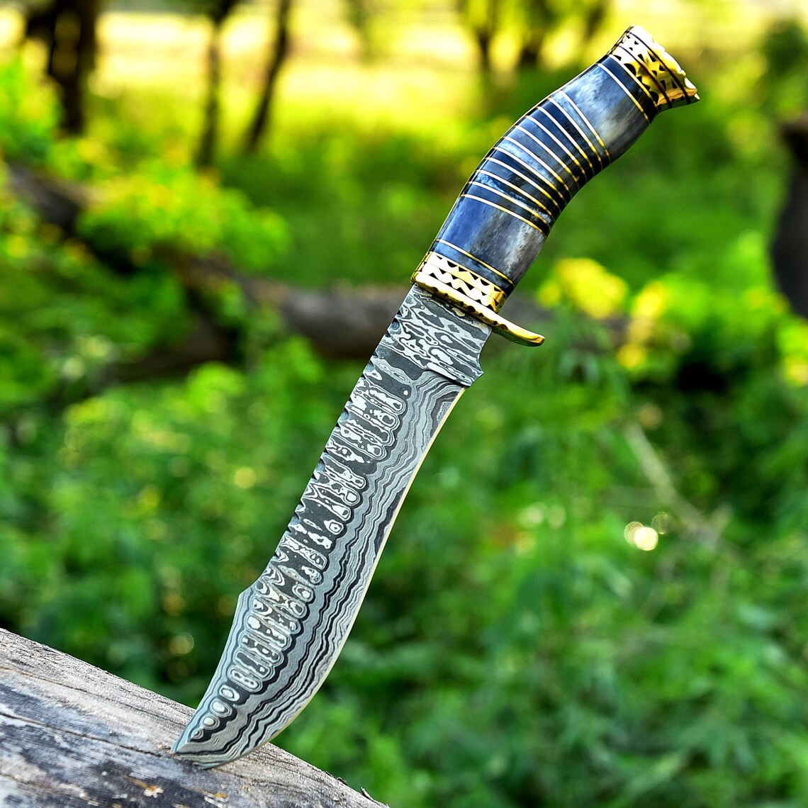 Vintage Damascus Steel Bowie Knife with 13" Blade, Brass Guard, and Camel Bone Handle.
