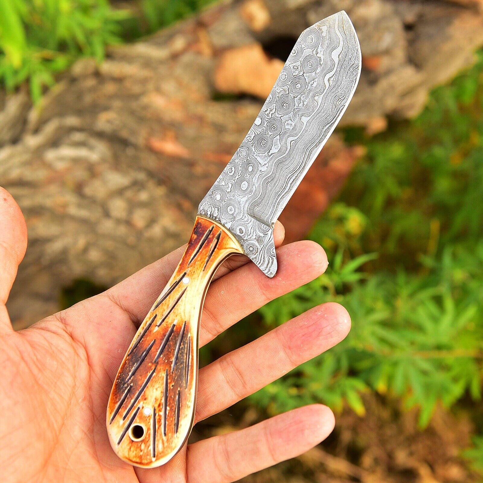 Whisky Bent Knife with 4-inch Damascus Steel Blade and Camel Bone Handle