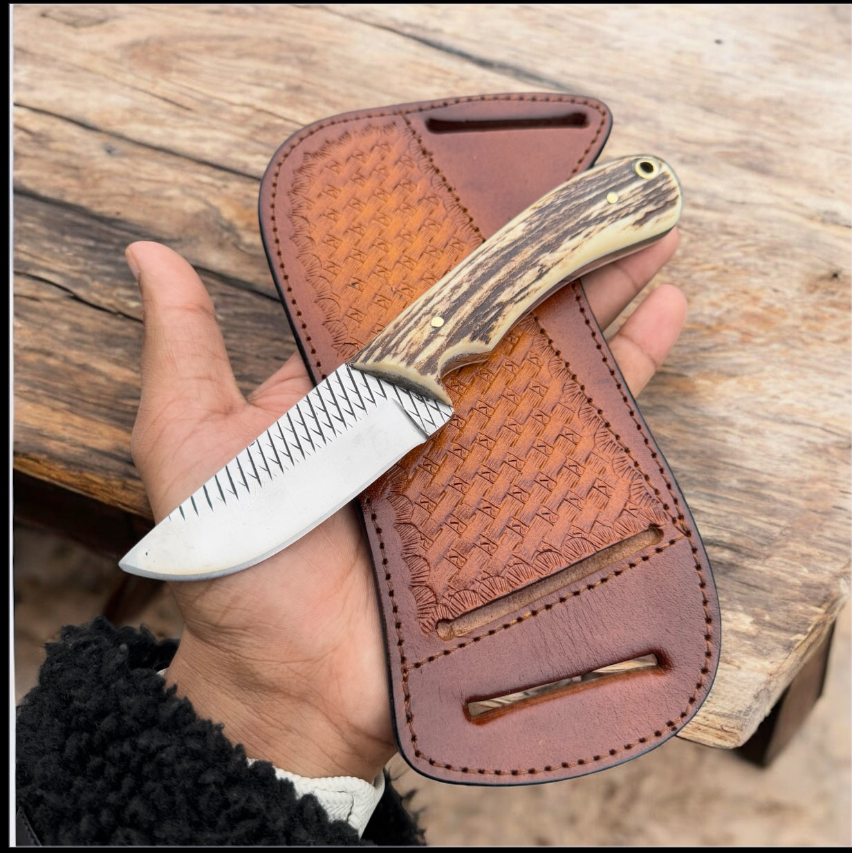 Wrangler's Edge Cowboy Knife with Stag Horn Handle and Leather Belt Loop Case - Durable Outdoor Tool for Modern Cowboys