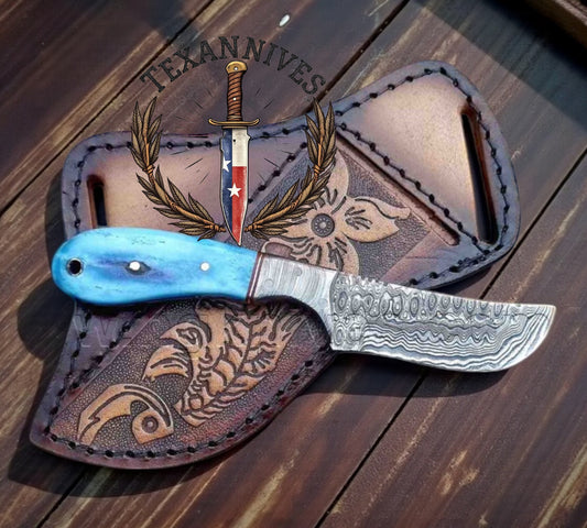 Premium Custom Handmade Cowboy Knife – Damascus Steel Blade with Camel Bone Handle & Leather Sheath