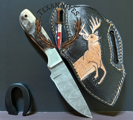 Custom Handmade Damascus Steel Bull Cutter Knife with Sheath – Premium Cowboy Knife