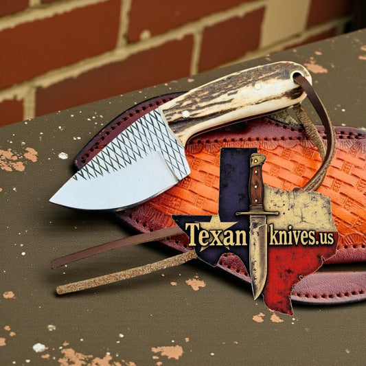 Compact Everyday Carry Knife – 5.2" Rasp Steel Blade with Antler Handle & Leather Sheath