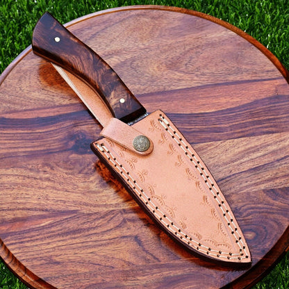 "10-inch Damascus hunting knife with polished rosewood handle"