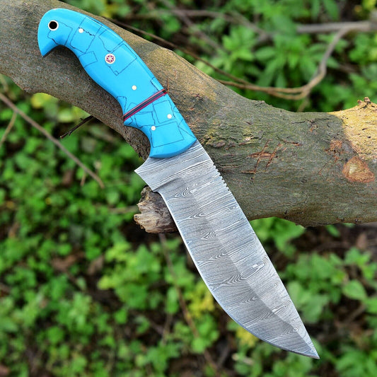 10-inch Damascus steel hunting knife featuring a durable resin handle and included leather sheath for safe storage