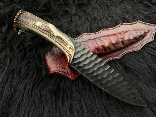 12-inch handmade 1095 steel hunting knife with antler horn handle and leather sheath, perfect for gifting