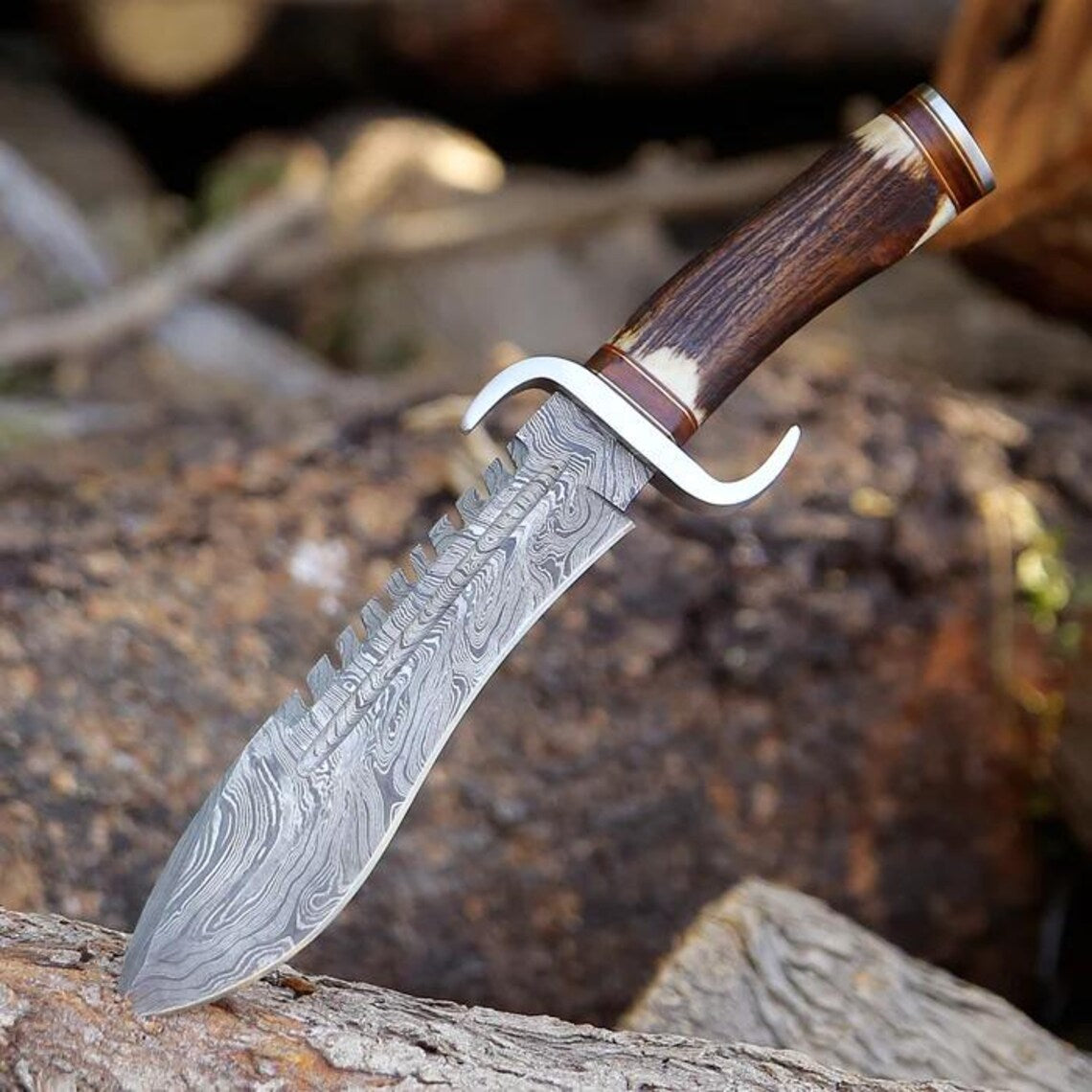 12" Damascus Steel Western Bowie Knife with Damascus Guard and Stag Horn Handle.