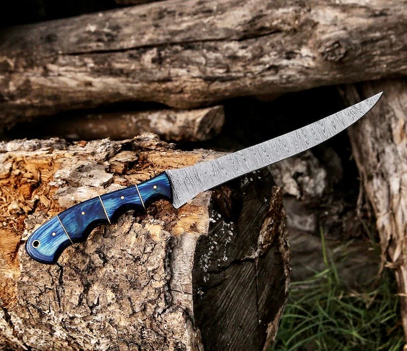 13-Inch Damascus Steel Fillet Knife with Leather Sheath