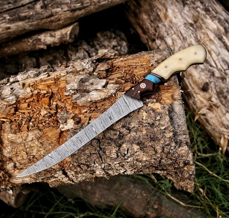 Fishing Fillet & Boning Knife – 13" Damascus Steel Blade with Camel Bone & Rosewood Handle + Leather Sheath