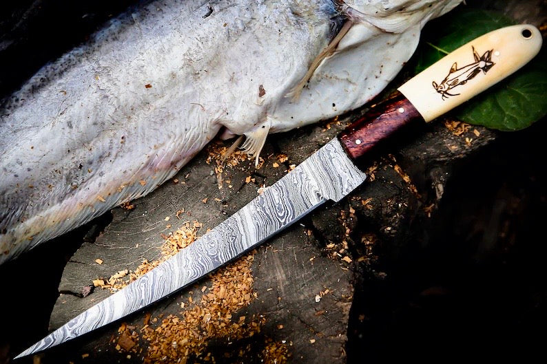 13-inch Damascus steel filleting knife for fish with rosewood and camel bone handle