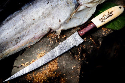 13-inch Damascus steel filleting knife for fish with rosewood and camel bone handle