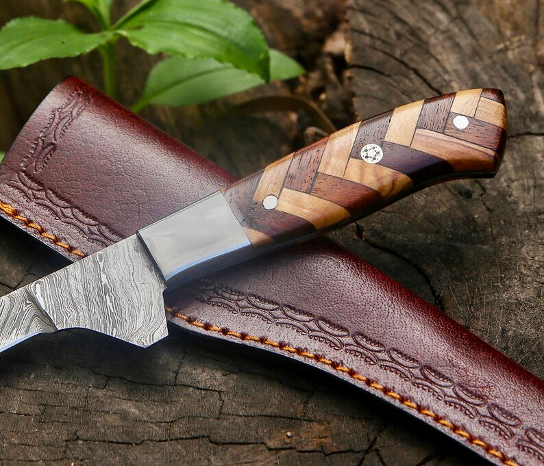 Handmade Damascus Fillet Knife 8” – Rosewood & Olive Wood Handle + Leather Sheath

