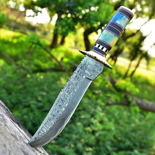13" Damascus Steel Antique Bowie Knife with Color Bone & Pakkawood Handle.
