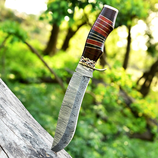 13" Damascus Steel Bowie Knife with Brass Guard and Pakkawood Handle.