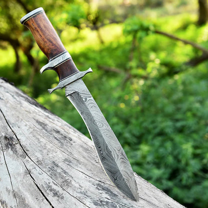 13" Damascus Steel Civil War Bowie Knife with Rosewood Handle and Leather Sheath.