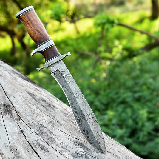 13" Damascus Steel Civil War Bowie Knife with Rosewood Handle and Leather Sheath.