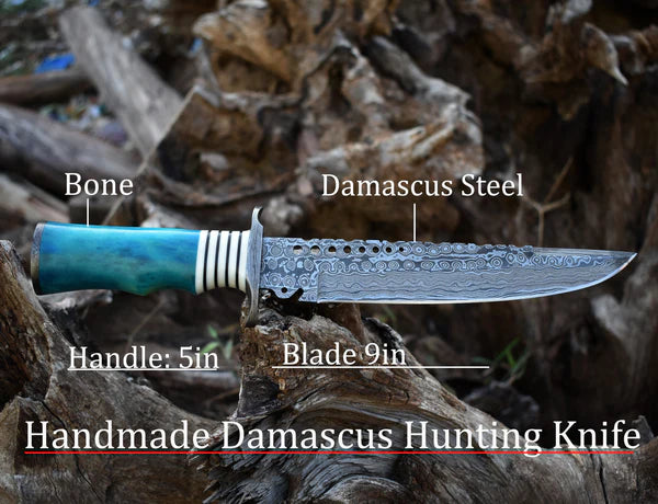13" Damascus Steel Civil War Bowie with Camel Bone Handle and Protective Leather Sheath.