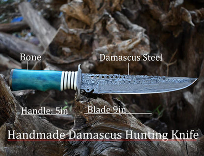 13" Damascus Steel Civil War Bowie with Camel Bone Handle and Protective Leather Sheath.