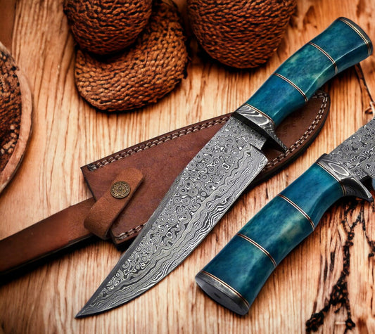 13" Damascus Steel Confederate Civil War Bowie Knife with Camel Bone Handle and Leather Sheath.
