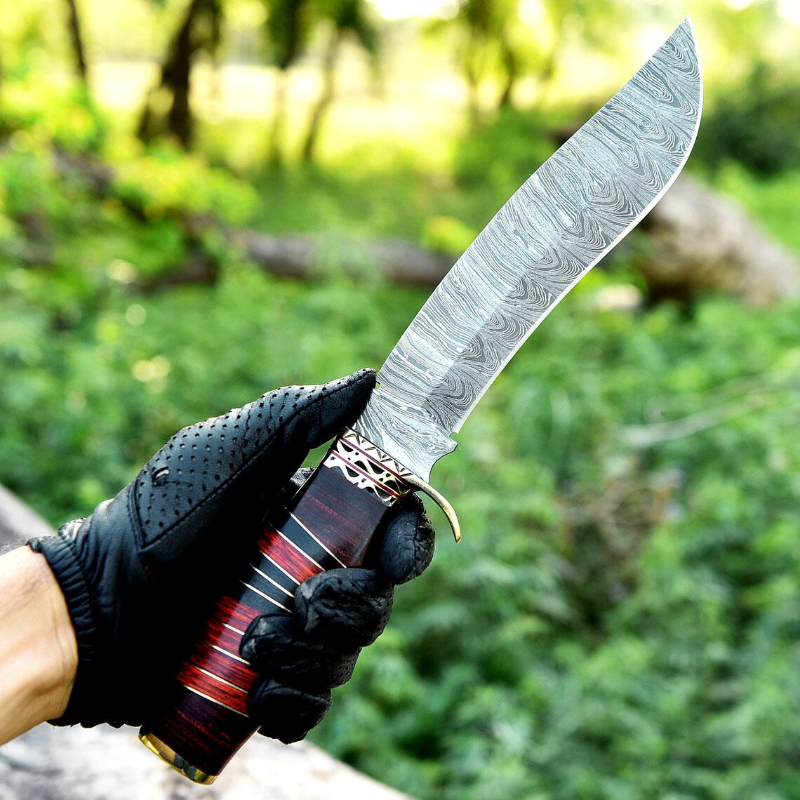 13" Damascus Steel Hunting Knife with Brass Guard and Pakkawood Handle.