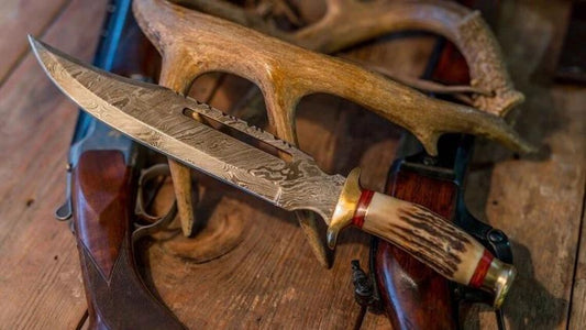 13" Damascus Steel Vintage Bowie Knife with Brass Guard and Stag Horn Handle.