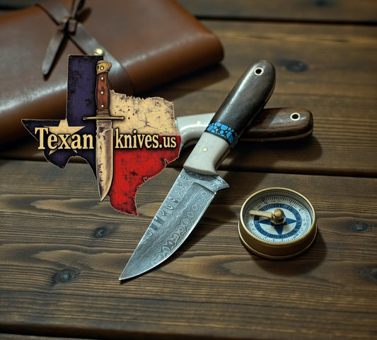 Men's 7" Damascus Steel Knife with Bone & Turquoise Handle – Handmade Gift for Outdoor & Everyday Use
