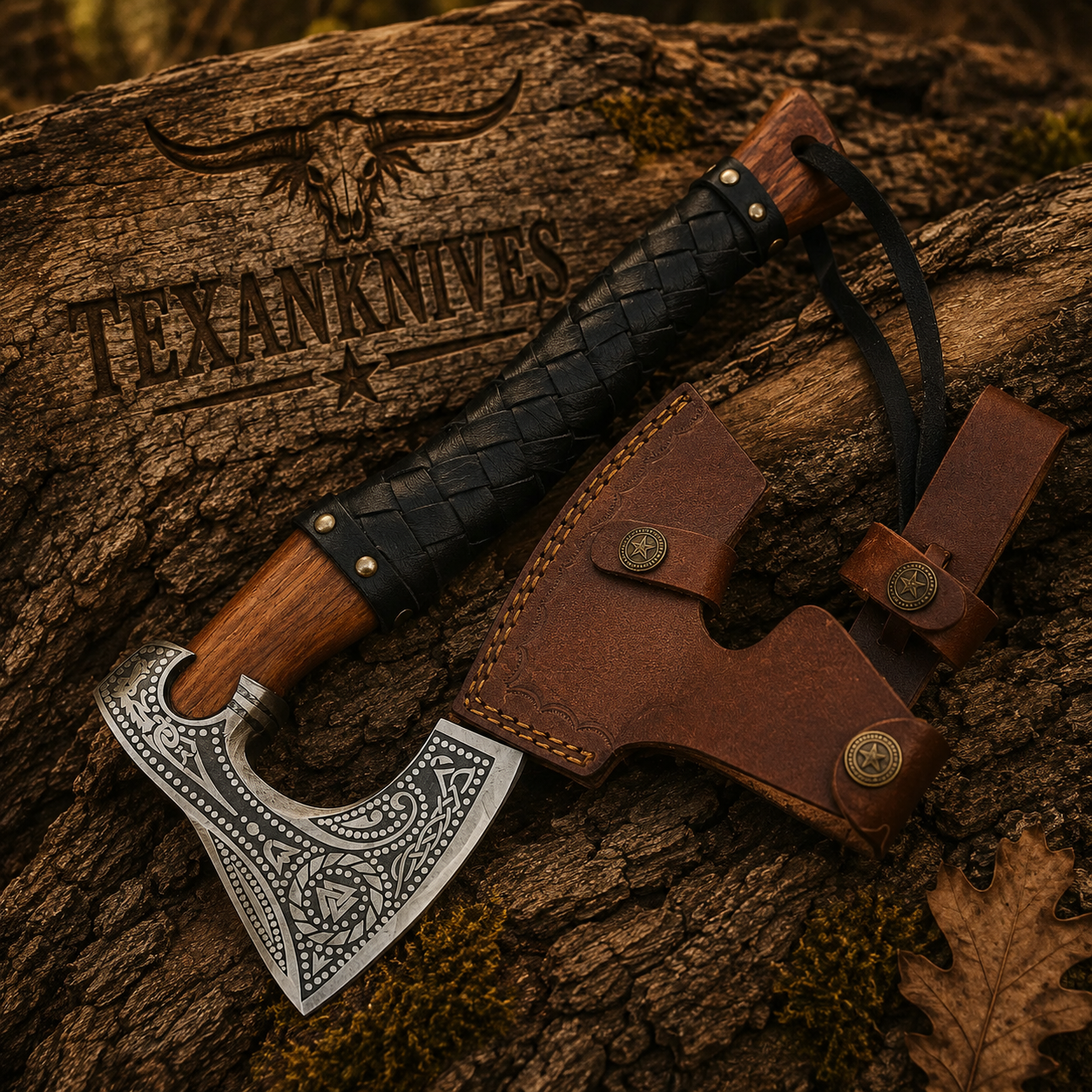 15-inch Bushcraft Tomahawk with forged steel head, ash wood handle and leather sheath