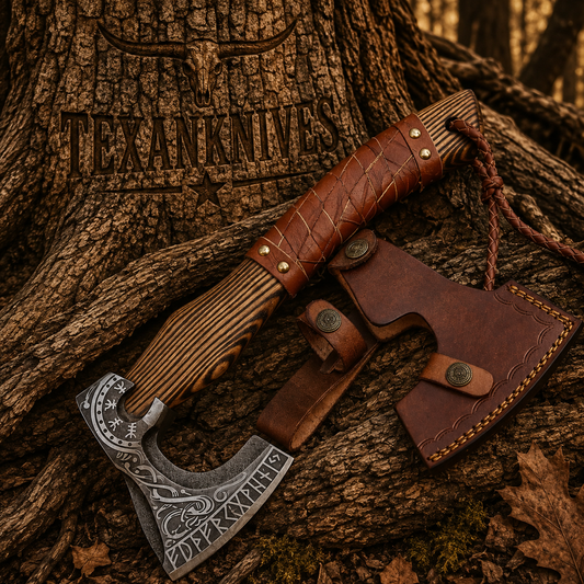 15-inch Norse Collector Tomahawk Axe with forged steel head, carved wooden handle, and leather sheath
