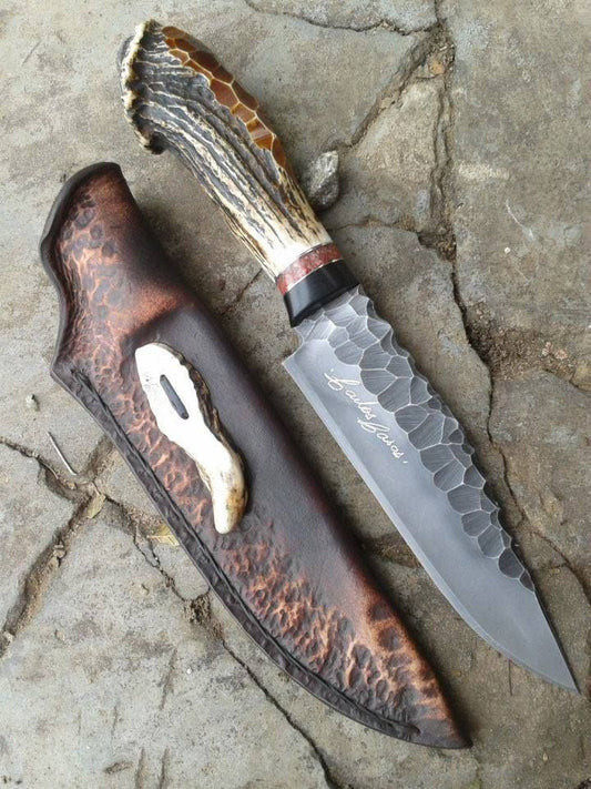 15-inch Western Bowie Knife with hand-forged J2 steel blade and antler horn handle