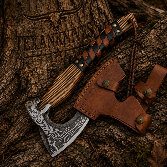 15-inch forged steel Native American tomahawk with ash wood handle and leather sheath