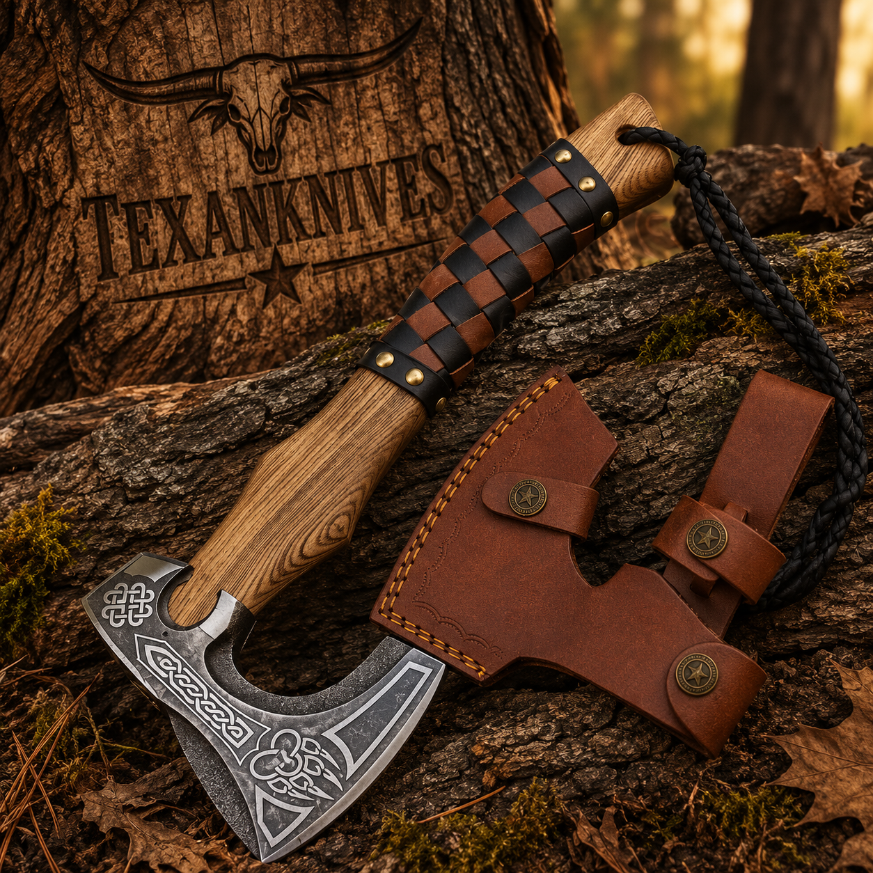 15-inch forged steel survival tomahawk with ash wood handle and leather sheath