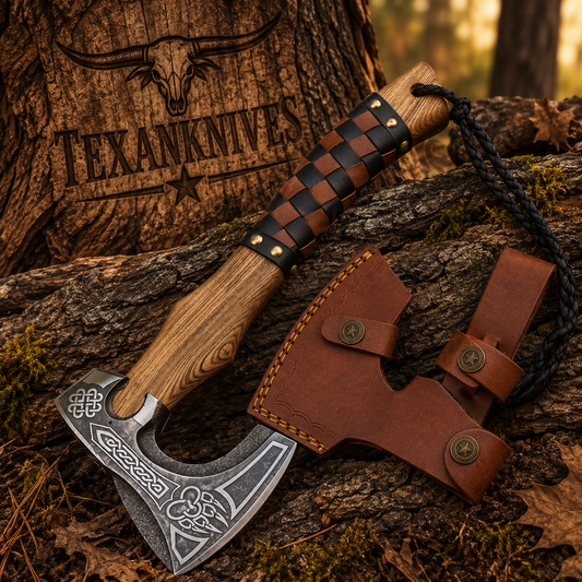15-inch forged steel survival tomahawk with ash wood handle and leather sheath