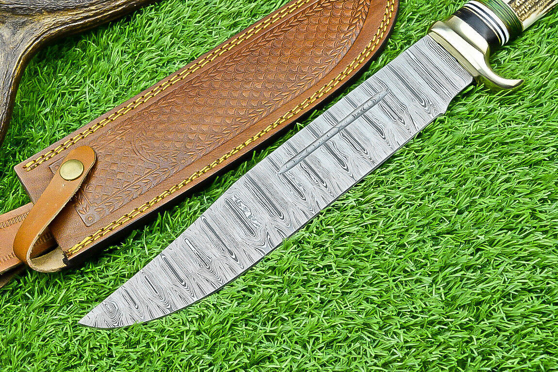 Deluxe Dundee Knife – 16" Handmade Damascus Steel Blade with Brass Guard & Pakkawood or Stag Horn Handle + Leather Sheath


