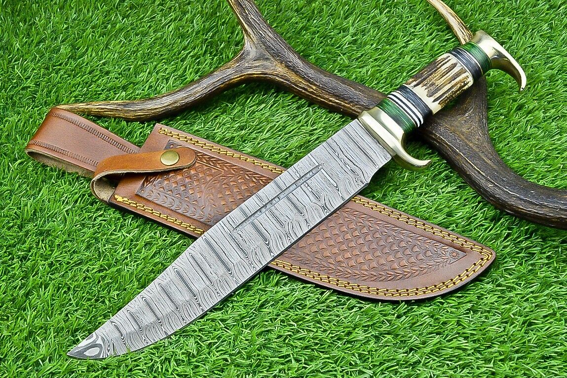 16-Inch Handmade Damascus Steel Bowie Knife with Brass Guard