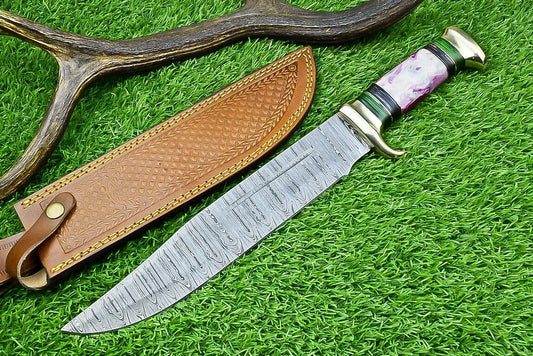 16-inch Damascus blade bowie knife with brass guard and pakkawood handle"