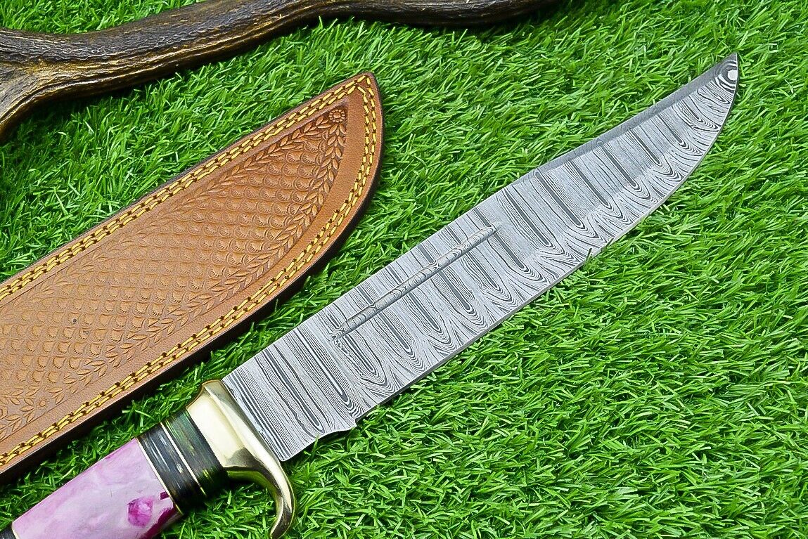 "16-inch Damascus steel bowie knife with brass guard and resin pakkawood handle"