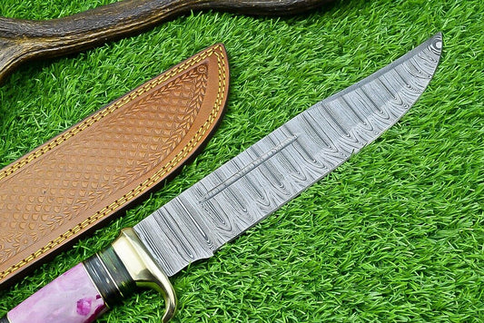 "16-inch Damascus steel bowie knife with brass guard and resin pakkawood handle"