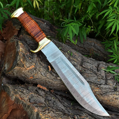 16-inch handmade Crocodile Dundee Knife with leather handle, brass guard, and genuine leather sheath