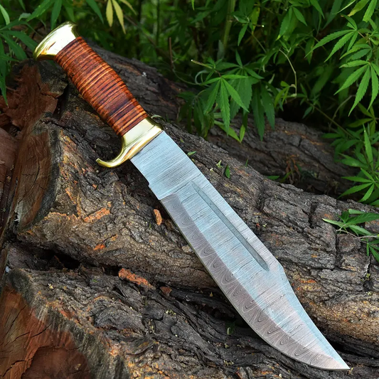 16-inch handmade Crocodile Dundee Knife with leather handle, brass guard, and genuine leather sheath