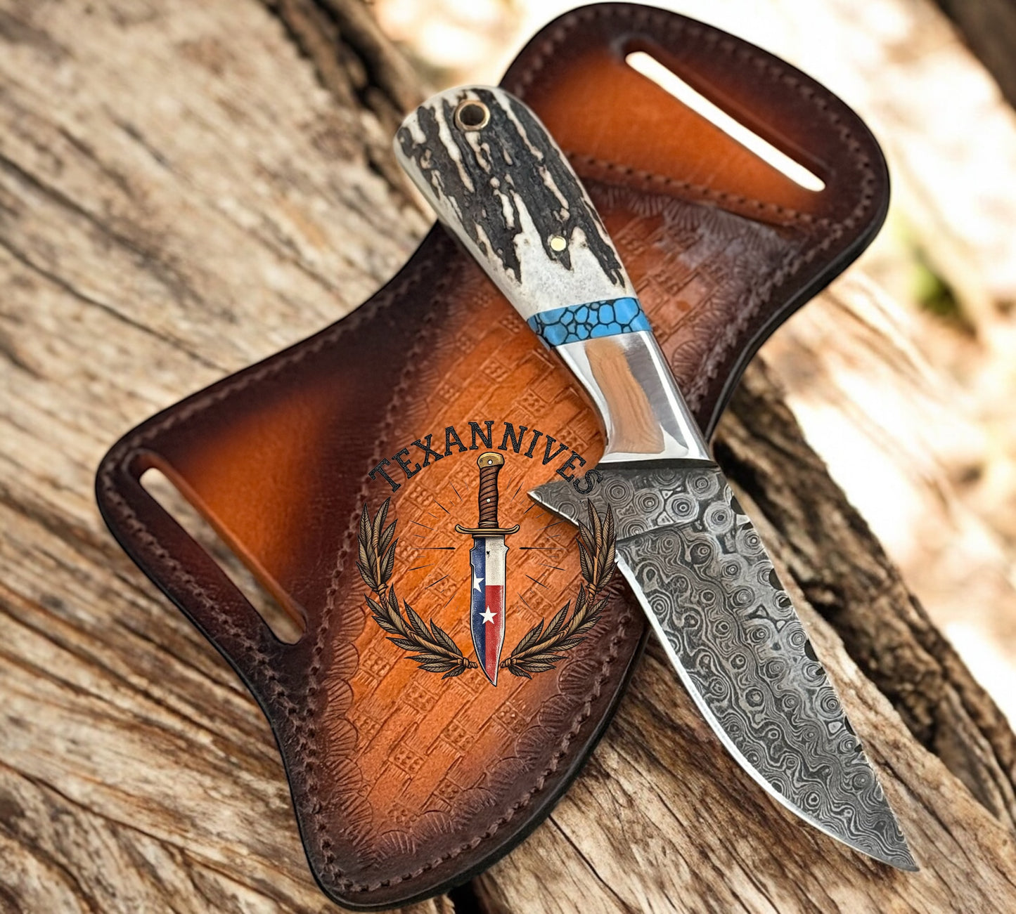 Custom Handmade Damascus Cowboy Belt Knife – 7.5" Antler Handle with Turquoise Spacer, Steel Bolster & Leather Sheath
