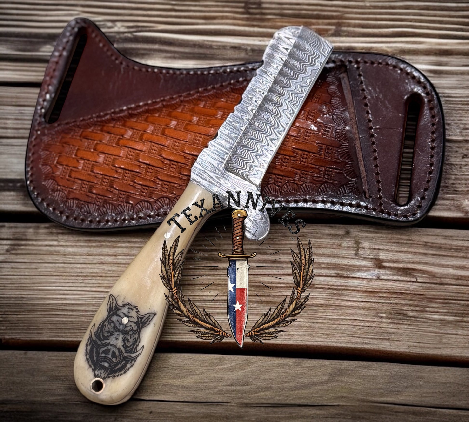 4" Blade Bull Cutter – Damascus Steel with Engraved Bone Handle