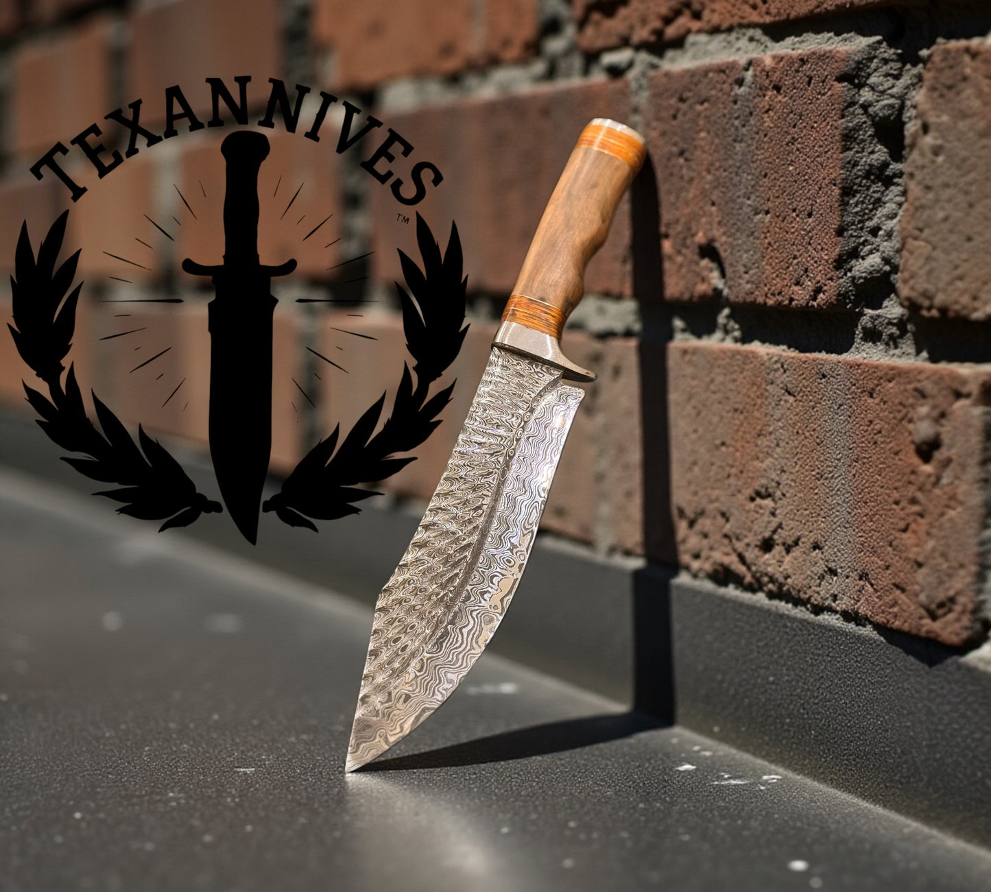 Damascus Hunting Bowie Knife – Olive Wood & Epoxy Resin Handle, Steel Guard, Leather Sheath (13")