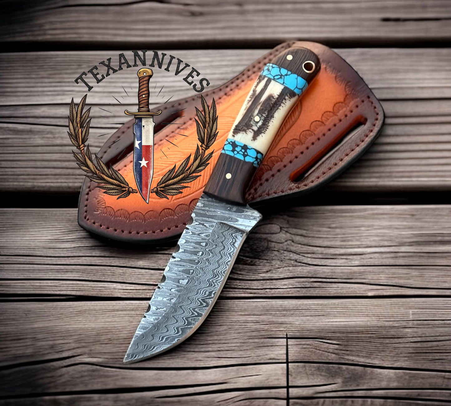 Dallas Cowboys 1994 Knife – Handmade Damascus with Turquoise & Antler Handle