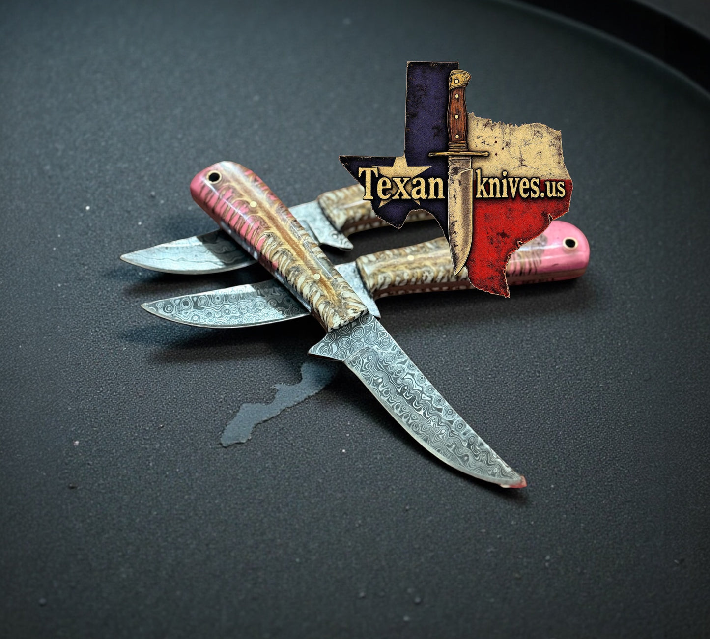 Western Knife and Sheath – 8" Overall, 4" Damascus Blade with Epoxy Resin Handle