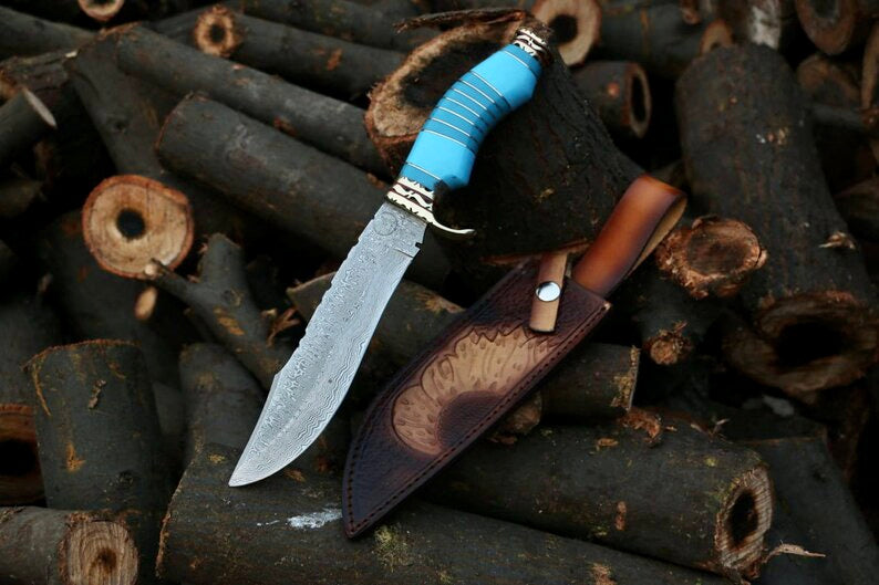 Hand Made Damascus Steel Beautiful Hunting nife,Camping Knife with Hand Made Original Leather Cover,Gift for Him,Christmas Gift